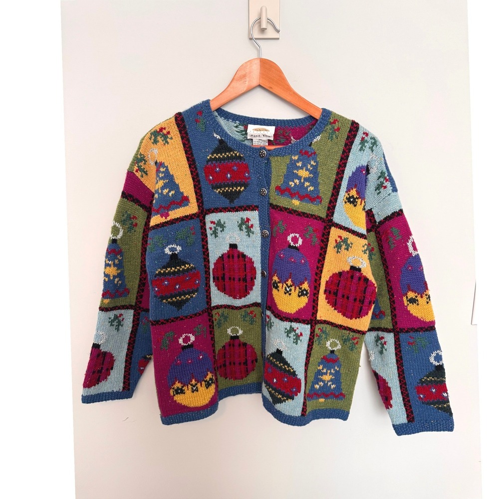 TALBOTS | Holiday Cardigan Women PM Multi Color Hand Knit Wool Ugly Christmas